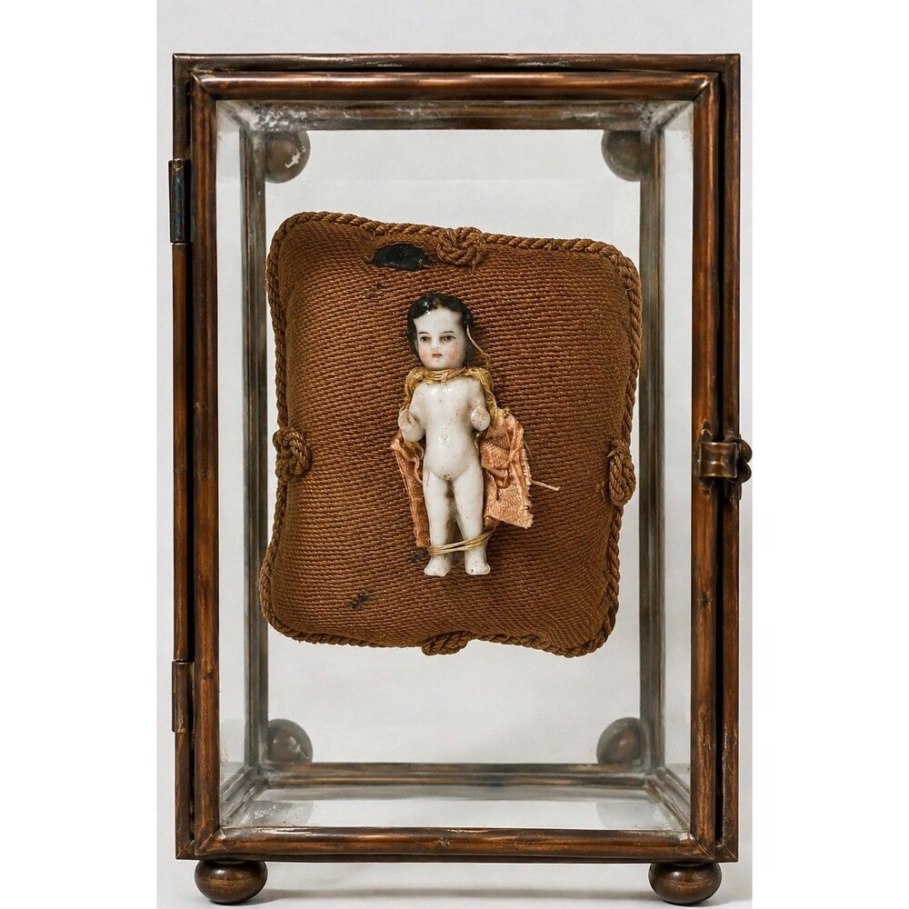 Antique Frozen Charlotte Porcelain Doll Painted Face Pillow Glass Brass Case